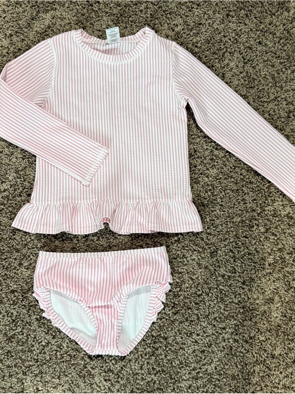 Ruffle Butts Pink & White Striped Seersucker Long-Sleeve Rashguard Set
